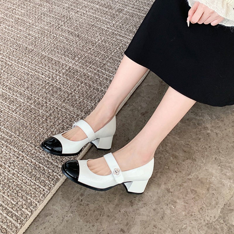 Grape Mom With Classic Chanel Style Color-Matching Round Toe French Single-Layer Shoes Shallow Mouth Shoes With Mary Jane Thick Heel - Image 5